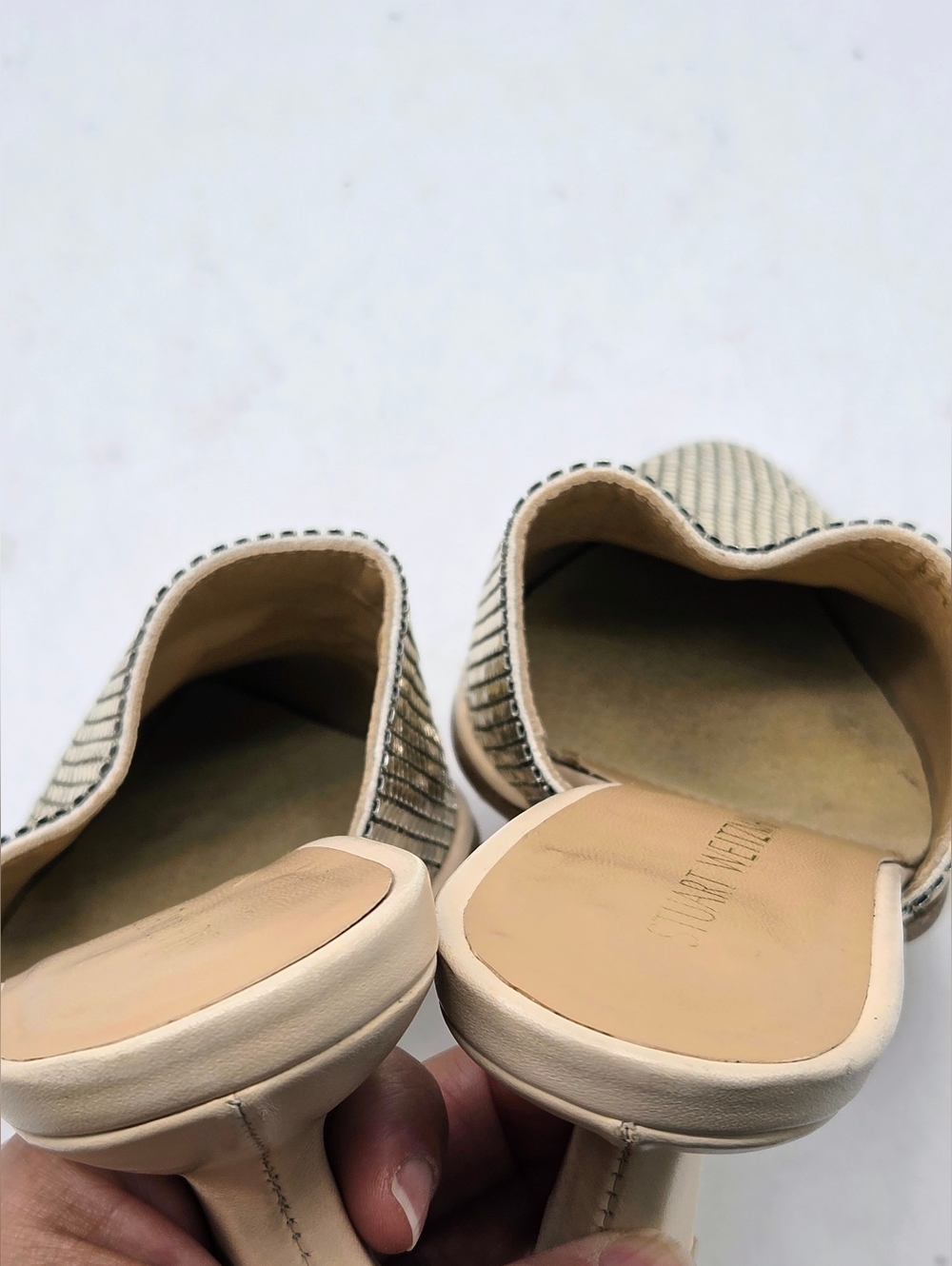 Stuart Weitzman Svelt Pipe "Roman Mail" Metallic Mules Size 6 M - Picture 9 of 16